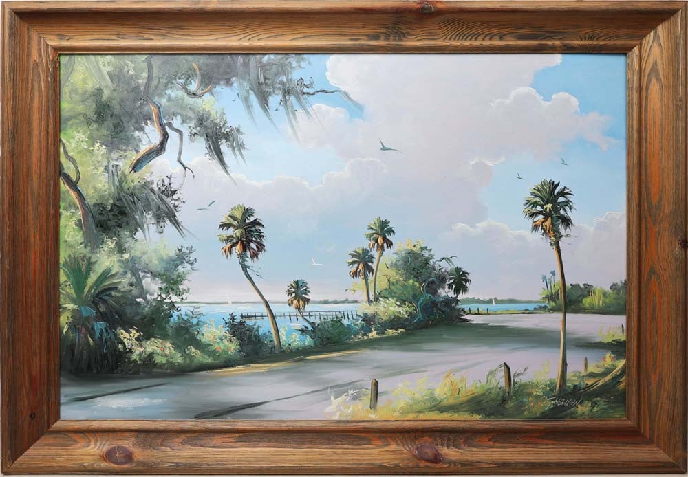 TRACY NEWTON FLORIDA ARTIST RIVER ROAD: Newton, Tracy - Florida Artist Painting. Son of Highwaymen Sam Newton. Oil on Masonite - signed lower right. Executed in palette knife on a field of brushwork. The artistry carrying the Highwaymen leg