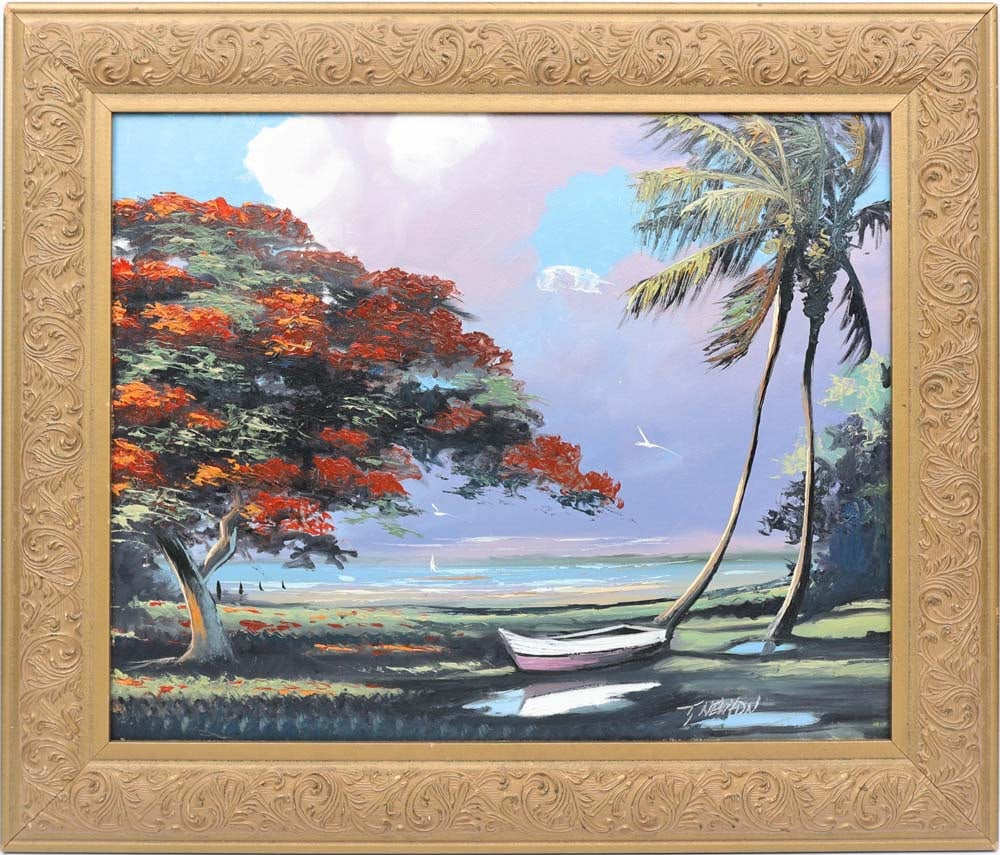 TRACY NEWTON FLORIDA ARTIST POINCIANA IN BLOOM: Newton, Tracy - Florida Artist Painting. Son of Highwaymen Sam Newton. Oil on Canvas Board - signed lower right. Executed in brush and palette knife. A Poinciana bursts into full bloom beneath purple,