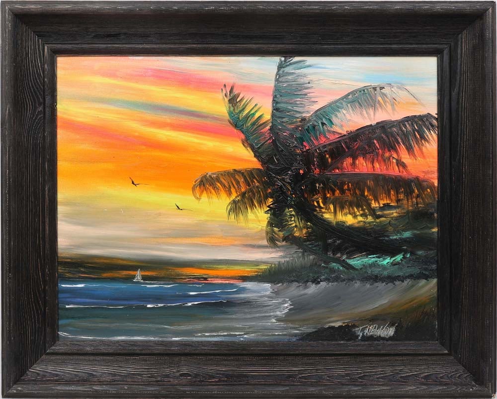TRACY NEWTON FLORIDA ARTIST FIRE SKY SHORE: Newton, Tracy - Florida Artist painting. Son of Highwaymen Sam Newton. Oil on Masonite - signed lower right. Executed in brush. A radiant fire sky breaks over the horizon as alone palm anchors the com