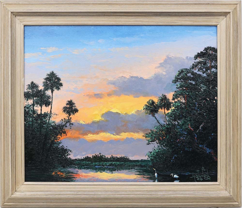 MARK STANFORD FLORIDA ARTIST PURPLE RIVER: Stanford, Mark (B.1959) Florida Artist Painting. Oil on Canvas Panel - signed lower right. Wrought in full palette knife. Purple-and-orange river scene glows with his signature luminosity, palm trees 