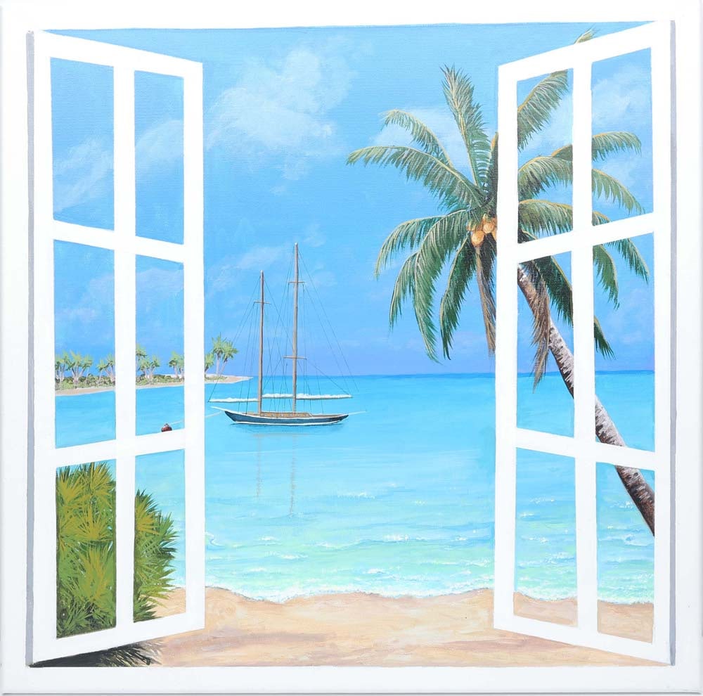 CAROL ANN KNAPP FLORIDA ARTIST VACATION DREAMS: Knapp, Carol Ann - Florida Artist Painting. Acrylic on Gallery Wrapped Canvas - signed lower right "Ca" and on verso. Executed in brush. White windows open on a beautiful Florida beach day, with a sai