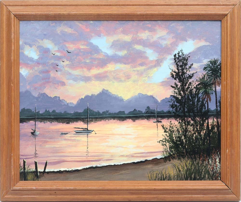 CAROL ANN KNAPP FLORIDA ARTIST DAYBREAK II: Knapp, Carol Ann - Florida Artist Painting. Acrylic on Canvas - signed on verso. Executed in brush. Painting unfolds in soft atmospheric radiance. Purple, peach, and yellow clouds billow across the sk