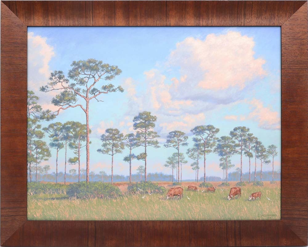SCOTT WOODWARD FLORIDA ARTIST CATTLE COUNTRY: Woodward, Scott - Florida Artist Painting. Oil on Canvas - signed lower right. Executed in full palette knife. Scott Woodward’s pastoral Florida scene captures a quiet harmony between landscape 