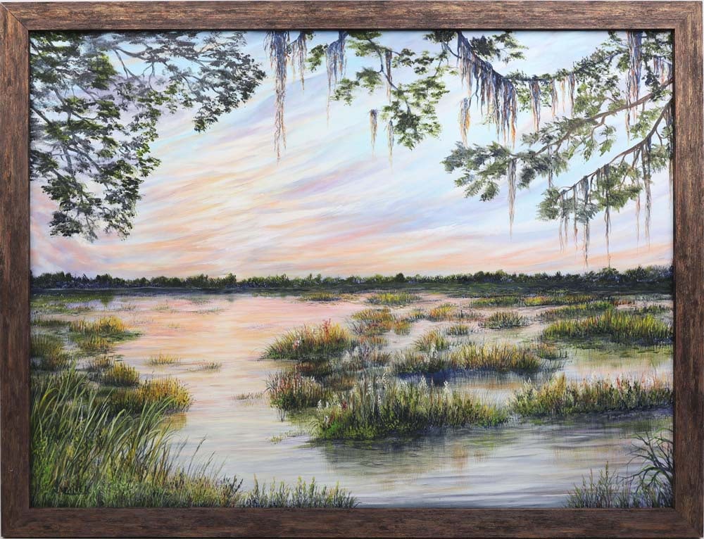 JILL KETTLER FLORIDA ARTIST SUN KISSED WETLANDS: Kettler, Jill - Florida Artist Painting. Oil on Canvas - signed lower left. Executed with brush. Jill Kettler’s Sun-Kissed Wetlands unfolds in an exceptionally elegant sweep of Florida marsh, wh