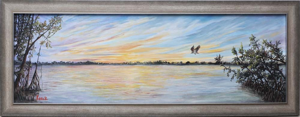 JILL KETTLER FLORIDA ARTIST RIVERS REFLECTION: Kettler, Jill - Florida Artist Painting. Oil on Canvas - signed lower left. Executed with brush. Jill Kettler’s sunset river scene follows a hawk gliding low in search of prey, its silhouette mi
