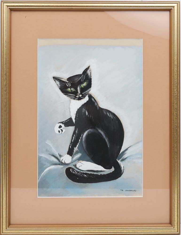 THERESE KNOWLES FLORIDA ARTIST BLACK CAT: Knowles, Therese (1918-2008) Florida Artist Painting. Gouache on paper - signed lower right. Executed in Brushwork. Therese Knowles’ study of a black-and-white cat reveals her gentle command of 