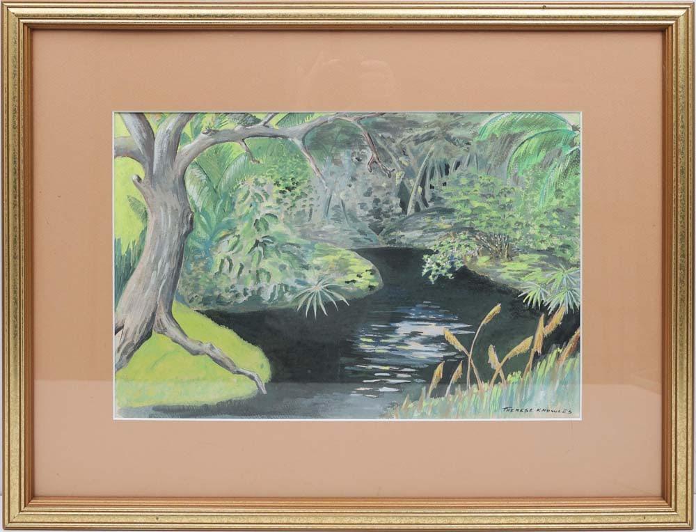 THERESE KNOWLES FLORIDA ARTIST WINDING RIVER: Knowles, Therese (1918-2008) Florida Artist Painting. Gouache on paper - signed lower right. Executed in brushwork. Therese Knowles’ Everglades scene immerses the viewer in the dense, untamed ch