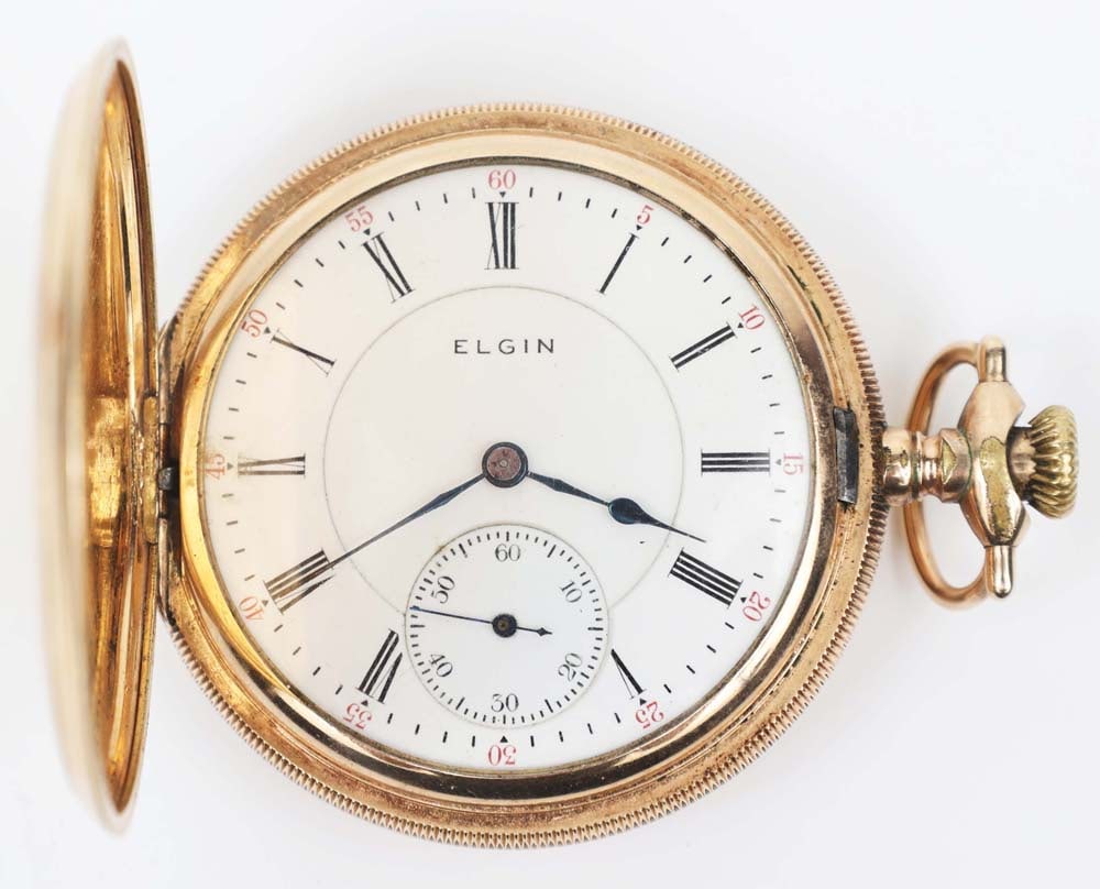 14K GOLD PLATED ELGIN MENS POCKET WATCH: Elgin men's 14k gold plated pocket watch. Inscribed on interior for 25 years of service. Monogrammed on the exterior. Must be paid by Certified Check, money order, or wire transfer ($15 fee). NO CREDI