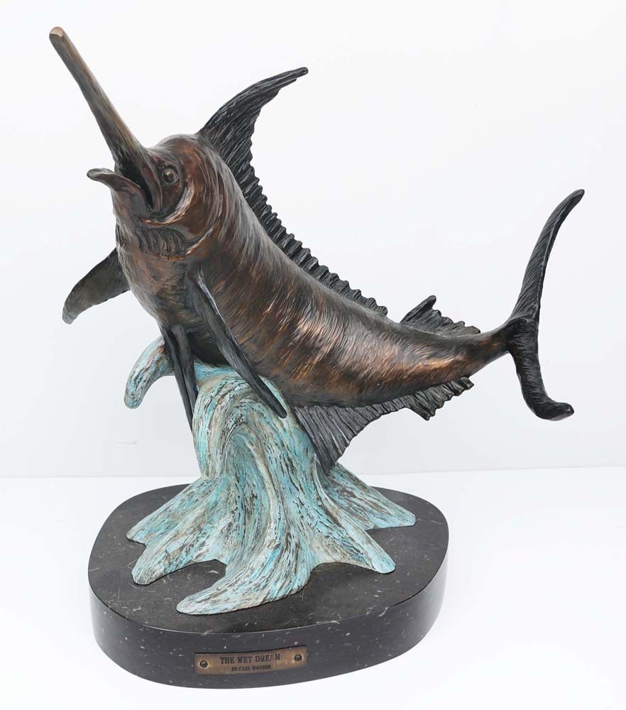 CARL WAGNER THE WET DREAM BRONZE SCULPTURE: Wagner, Carl (1938-2011) "The Wet Dream", Bronze Marlin Sculpture, 17 1/2" h. x 15" w., on a marble plinth, 19 18/2" h. overall, incised signature, dated 1989,numbered 4/25. Condition: Very Fine Carl 