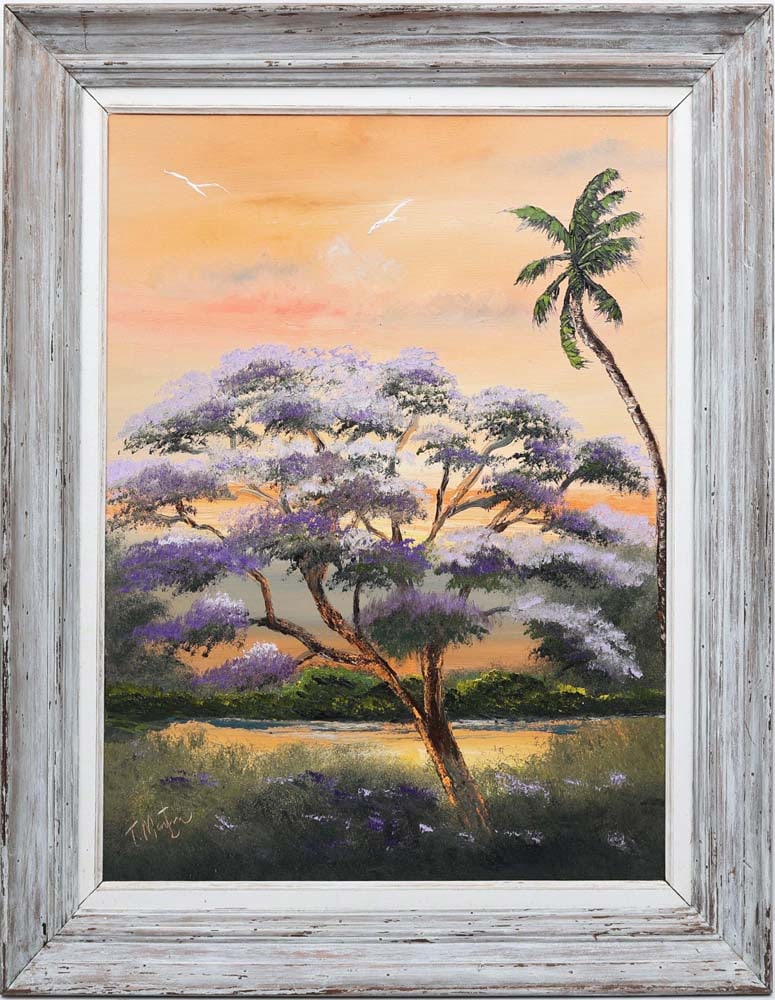 TODD MARTIN FLORIDA ARTIST FULL BLOOM JACARANDA: Martin, Todd - Florida Legacy Artist Painting. Oil on Canvas Board - signed lower left. Executed in palette knife upon a field of brushwork. A Jacaranda tree in full bloom, rendered with expressive br