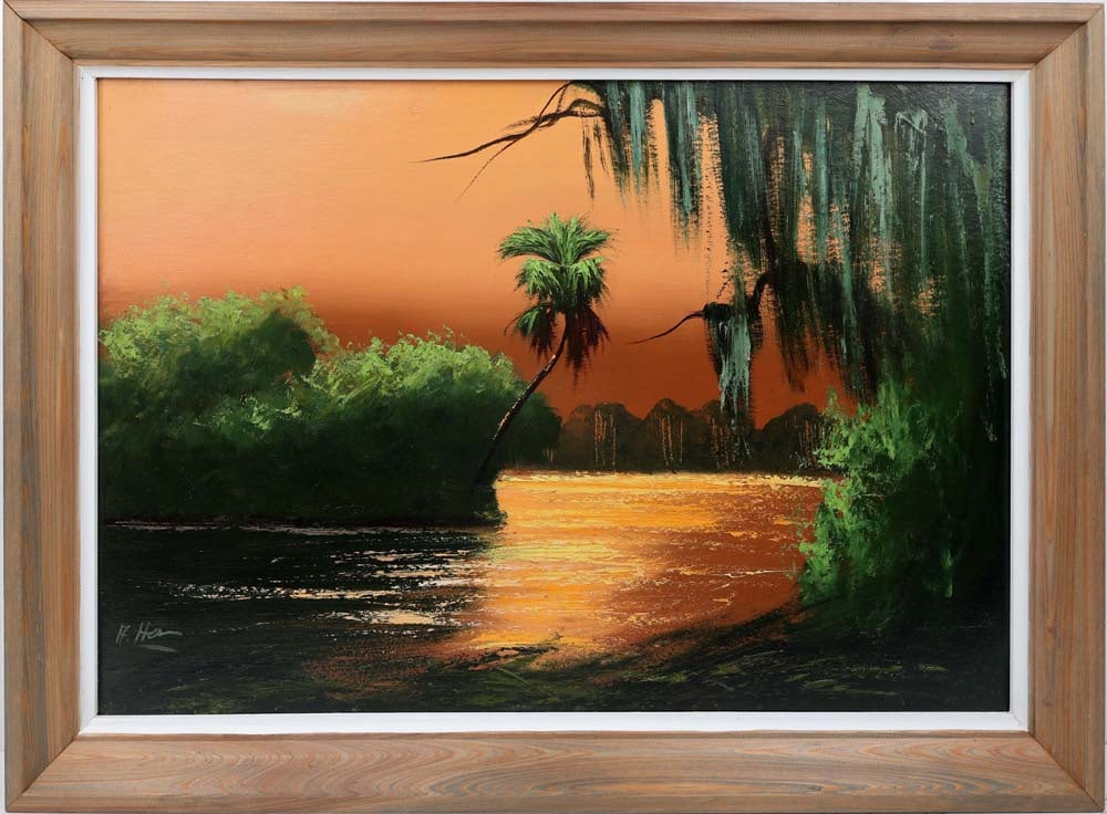 ALFRED HAIR FLORIDA HIGHWAYMEN GOLDEN HOUR: Hair, Alfred (1941-1970) Florida Highwaymen Painting. Oil on Upson - signed lower left. Executed in palette knife upon a field of brushwork. Golden Hour along the St. Lucie River inlet captures the in
