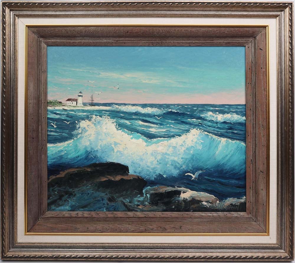 HAROLD NEWTON FLORIDA HIGHWAYMEN SUI GENERIS: Newton, Harold (1934-1994) Florida Highwaymen Painting. Oil on Canvas Board - signed lower right. Executed in brush and palette knife. This exceptionally rare lighthouse scene occupies a singular plac