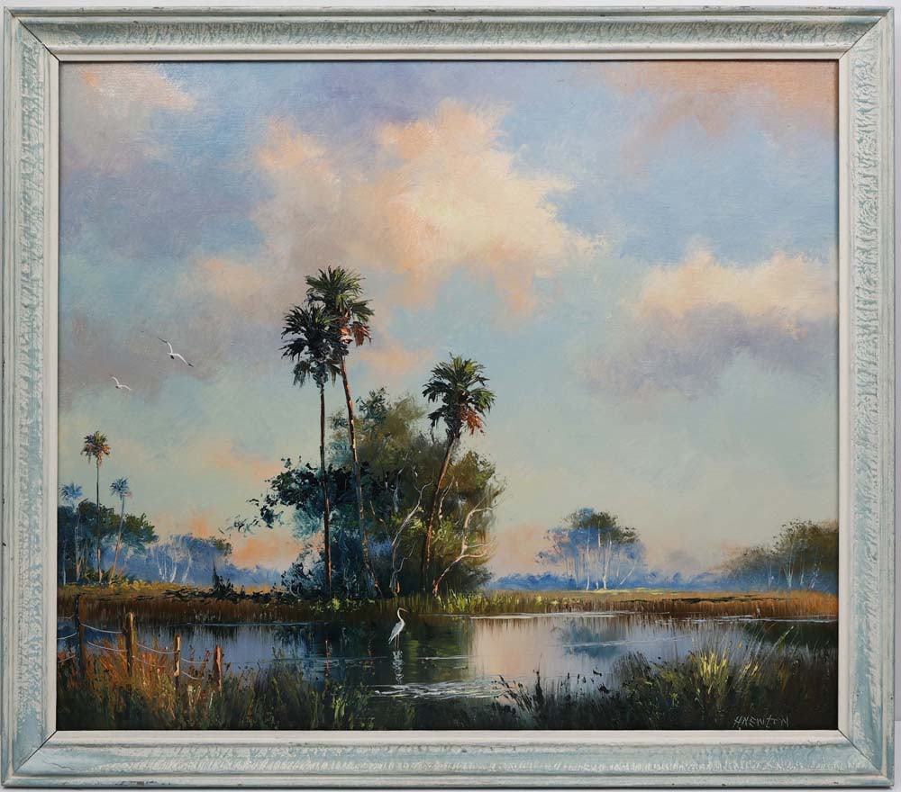 HAROLD NEWTON FLORIDA HIGHWAYMEN TECHNICOLOR GEM: Newton, Harold (1934-1994) Florida Highwaymen Painting. Oil on orange peel Upson - signed lower right. Executed in Palette knife upon a field of brushwork. late-life Masonite style while on early oran