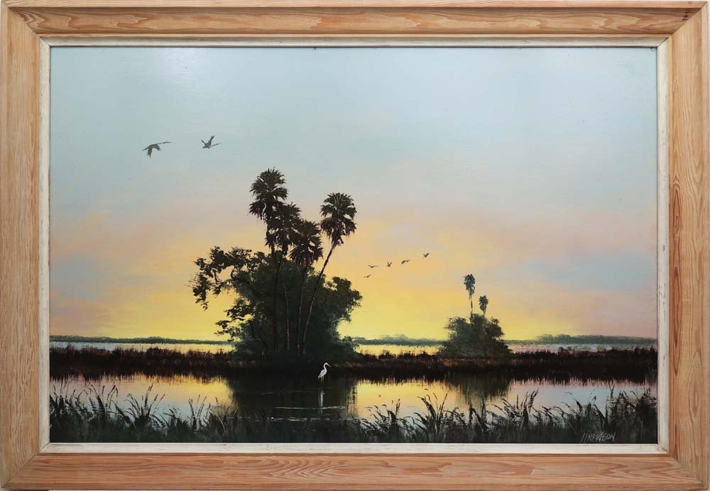 HAROLD NEWTON FLORIDA HIGHWAYMEN A LAND REMEMBERED: Newton, Harold (1934-1994) Florida Highwaymen Painting. Oil on transitional Masonite - signed lower right. Executed in palette knife upon a field of brushwork. golden-hour wetland radiates the quiet m