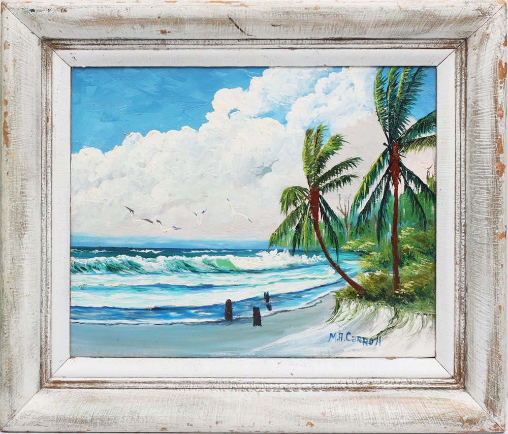 MARY ANN CARROLL FLORIDA HIGHWAYMEN URGENCY: Carroll, Mary Ann (1940-2019) Florida Highwaymen Painting. Oil on Canvas - signed lower right. Executed in brush and palette knife .work carries the quiet resolve of a woman who painted her way throug