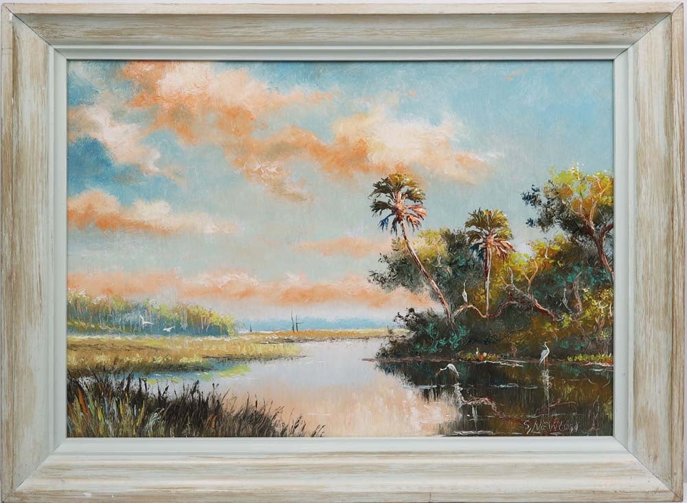 SAM NEWTON FLORIDA HIGHWAYMEN RIVER GLOW: Newton, Samuel (B.1948) Florida Highwaymen Painting. Oil on Masonite - signed lower right. Executed in knife. Sam Newton’s river scene evokes the quiet majesty of Old Florida. Pastel blue and pi