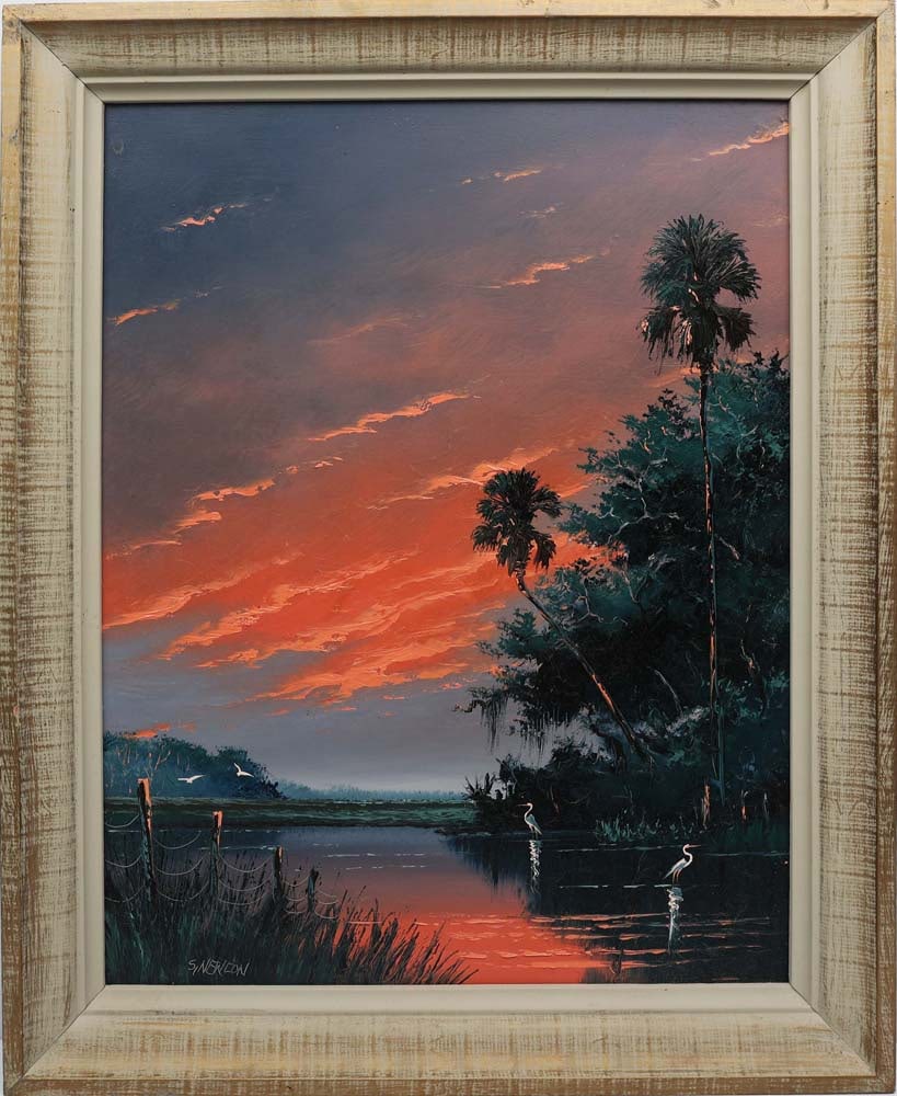 SAM NEWTON FLORIDA HIGHWAYMEN LAVENDER SKY: Newton, Samuel (B.1948) Florida Highwaymen Painting. Oil on transitional Masonite - signed lower left. Wrought in palette knife upon a field of brushwork. The lavender sky unfurls in soft gradations, 