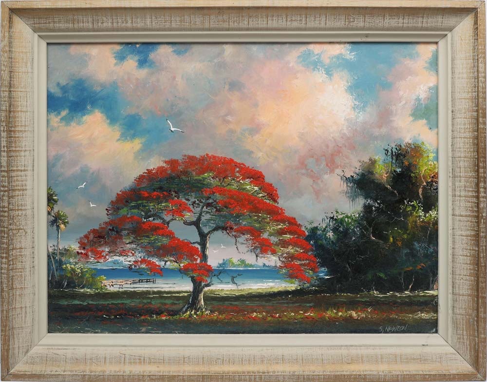 SAM NEWTON FLORIDA HIGHWAYMEN POINCIANA: Newton, Samuel (B.1948) Florida Highwaymen Painting. Oil on transitional Masonite - signed lower right. Wrought in palette knife upon a field of brushwork. A brilliantly sculpted Poinciana bursts into