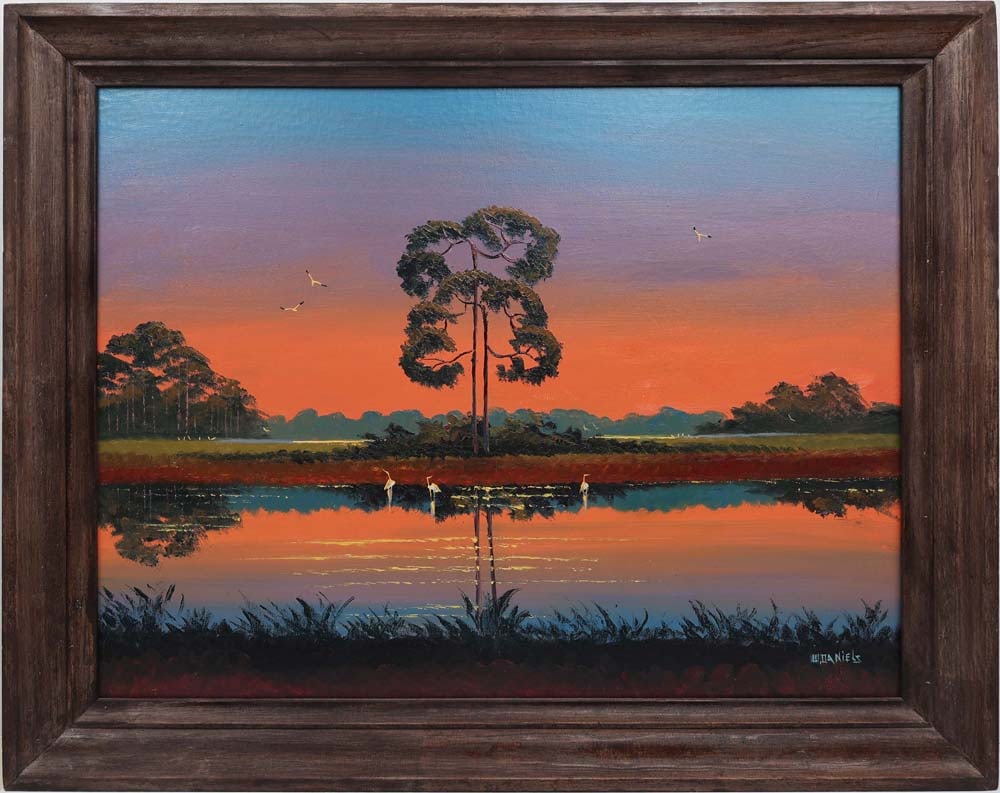 WILLIE DANIELS FLORIDA HIGHWAYMEN RAINBOW SKY: Daniels, Willie (1950-2021) Florida Highwaymen Painting. Oil on canvas - signed lower right and verso. Produces using brush and palette knife. Two towering pines rise at the center of the composition,