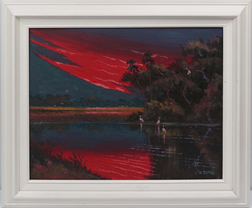 WILLIE DANIELS FLORIDA HIGHWAYMEN PINK FIRE SKY: Daniels, Willie (1950-2021) Florida Highwaymen Painting. Oil on Artist Board - signed lower right. Executed in knife. Willie Daniels’ fire sky scene carries the quiet emotional charge that often