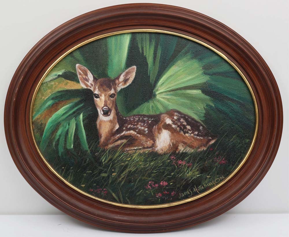 JAMES HUTCHINSON FLORIDA ARTIST FLORIDA FAWN: Hutchinson, James (1932-2023) Florida Artist Painting. Oil on canvas - signed lower right. Created in brushwork and titled "Florida Fawn". May be a commission piece for E.B. McKinney as his card is at