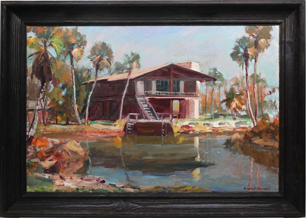 EMILE GRUPPE EVERGLADES HOUSE 1978 ORIGINAL: Gruppe, Emile Albert (1896-1978) Painting. Oil on Canvas - signed lower right and verso. Titled "Everglades House". Dated March 1978, just 6 months before his passing. Wrought in brush. A tranquil wat