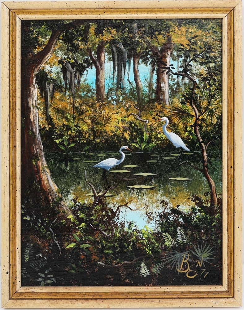 BEN ESSENBURG FLORIDA ARTIST EGRETS: Essenberg, Ben W. ( B. 1947) Florida Artist Painting. Acrylic on Canvas - signed lower right '77 and verso. Executed in brushwork. Two egrets perch gracefully above a pond scattered with lily pads, th