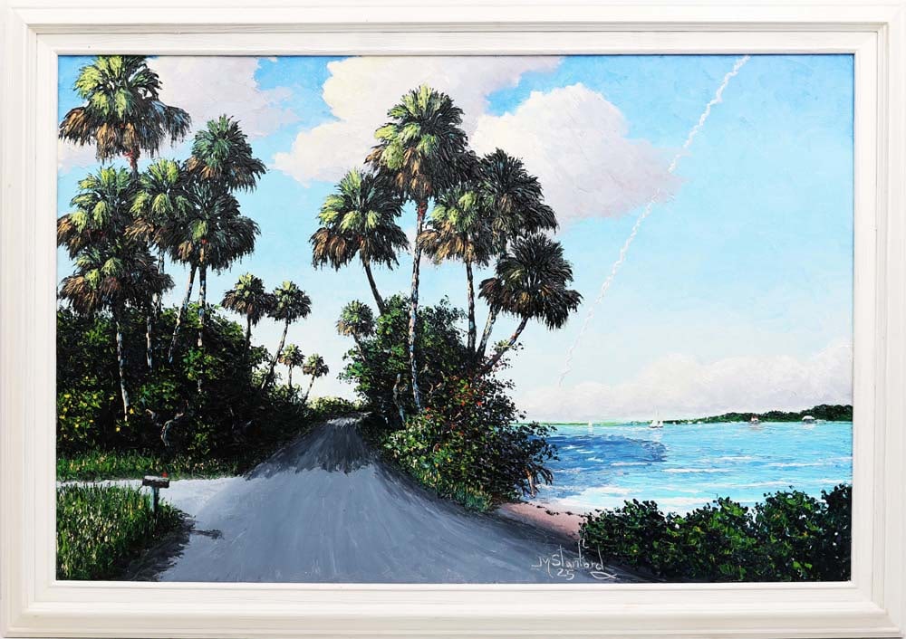 MARK STANFORD FLORIDA ARTIST SPACE LAUNCH: Stanford, Mark (B.1959) Florida Artist Painting. Oil on Canvas Panel - signed lower right. Wrought in full palette knife. Mark Stanford’s Indian River School rendering captures a space launch as