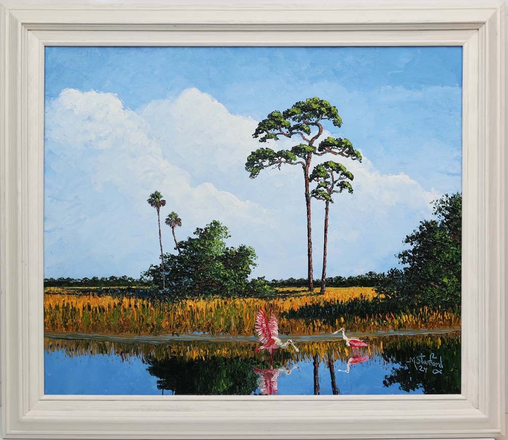 MARK STANFORD FLORIDA ARTIST PINK SANCTUARY: Stanford, Mark (B.1959) Florida Artist Painting. Oil on Canvas Board - signed lower right. Executed in full palette knife. Mark Stanford’s wetland scene centers on a vivid cluster of roseate spo