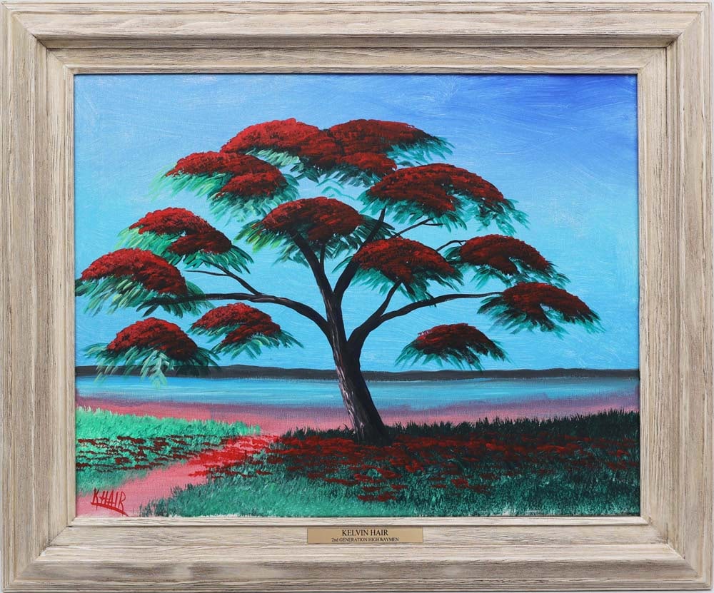 KELVIN HAIR FLORIDA ARTIST POINCIANA: Hair, Kelvin - Florida Artist Painting. Son of Florida Highwaymen Alfred Hair. Oil on Canvas - signed lower left and verso. Created in brushwork. A poinciana in full bloom dominates the foreground, it