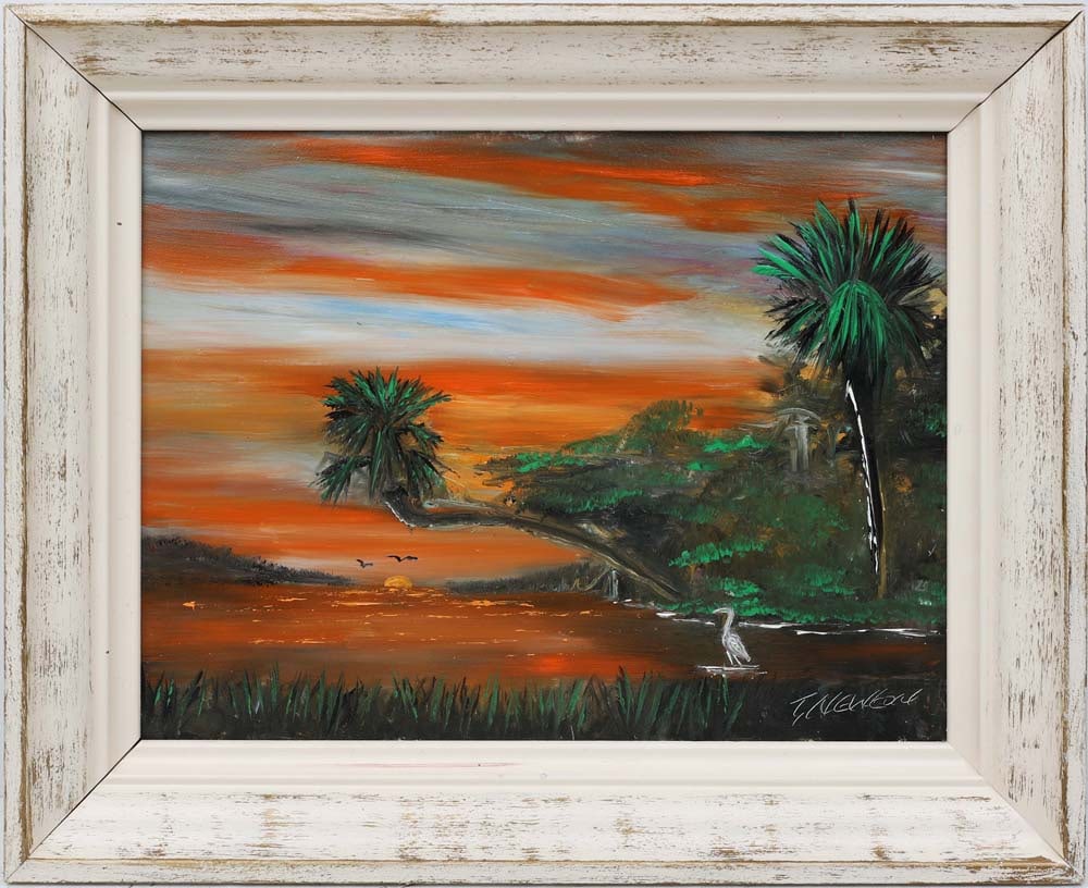 TRACY NEWTON FLORIDA ARTIST SUNRISE BEYOND: Newton, Tracy - Florida Artist painting. Son of Highwaymen Sam Newton. Oil on Masonite - signed lower right. Executed in Pallet knife. An orange sunset ignites the river as a palm tree juts over the w