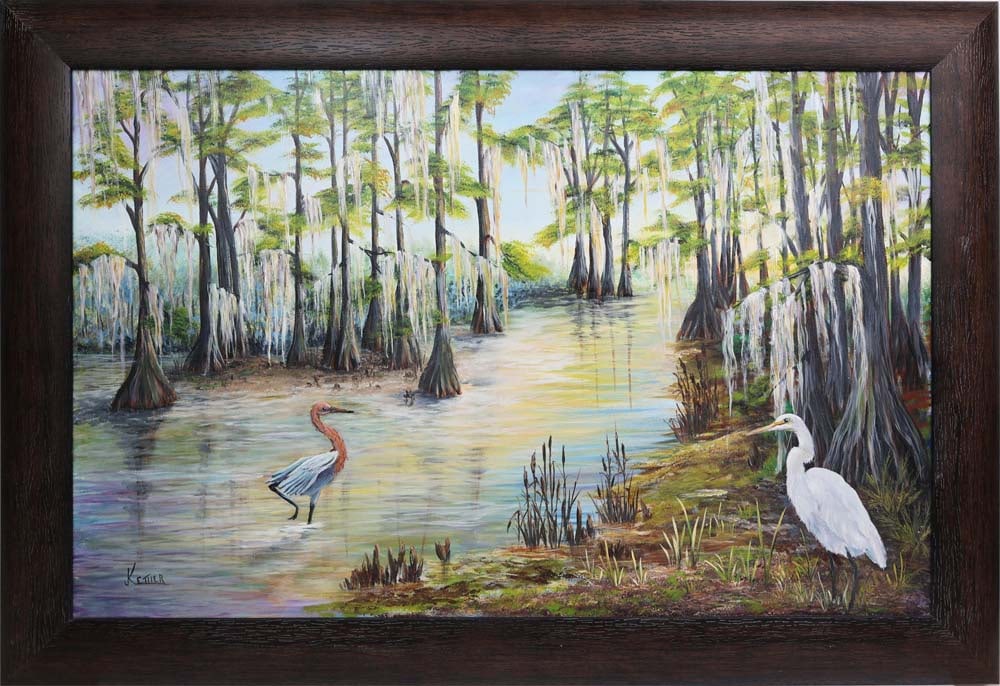JILL KETTLER FLORIDA ARTIST GOOD MORNING: Kettler, Jill - Florida Artist Painting. Oil on Canvas - signed lower left. Executed with brush. This richly atmospheric painting pairs a Reddish Egret and a Great White Egret in quiet harmony among d