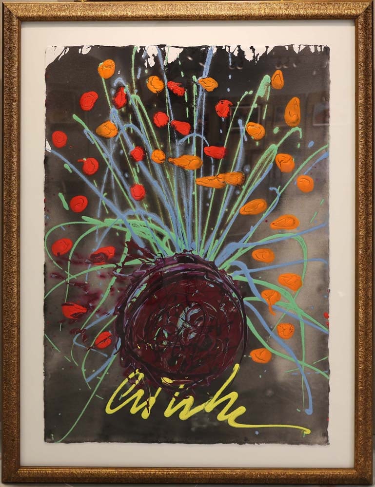 DALE CHIHULY ORIGINAL ACRYLIC IKEBANA SERIES: Chihuly, Dale - American (Born 1941). Acrylic on Aquarelle paper (embossed on top corner) with deckled edges - Boldly signed bottom center. From the Ikebana Series. Electric blooms burst from a richly