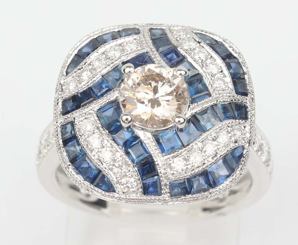 18K WHITE GOLD DESIGNER CHRISTOFF ART DECO RING: 18K White gold Sapphire and Diamond Ring Exceptional quality from designer Michael Christoff with noteworthy bead and gallery design work. Gemstones: Diamond and Sapphires - Natural 1 Round diamond