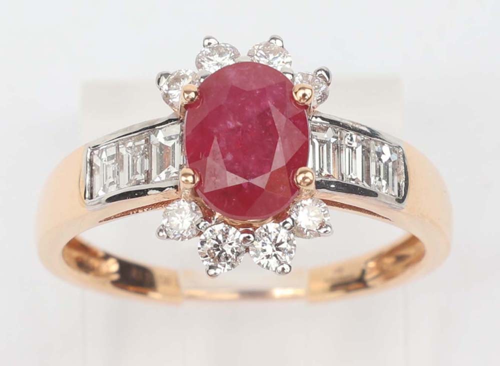 18K YELLOW GOLD RUBY & DIAMOND RING CHRISTOFF: 18K Yellow gold Ruby and Diamond ring Exceptional quality Christoff design work. Gemstones: Diamond and Ruby Baguette & round diamonds .62ct. H Color-Vs Clarity 1 Ruby 1.02 ct GIA Certified. Size 6.5