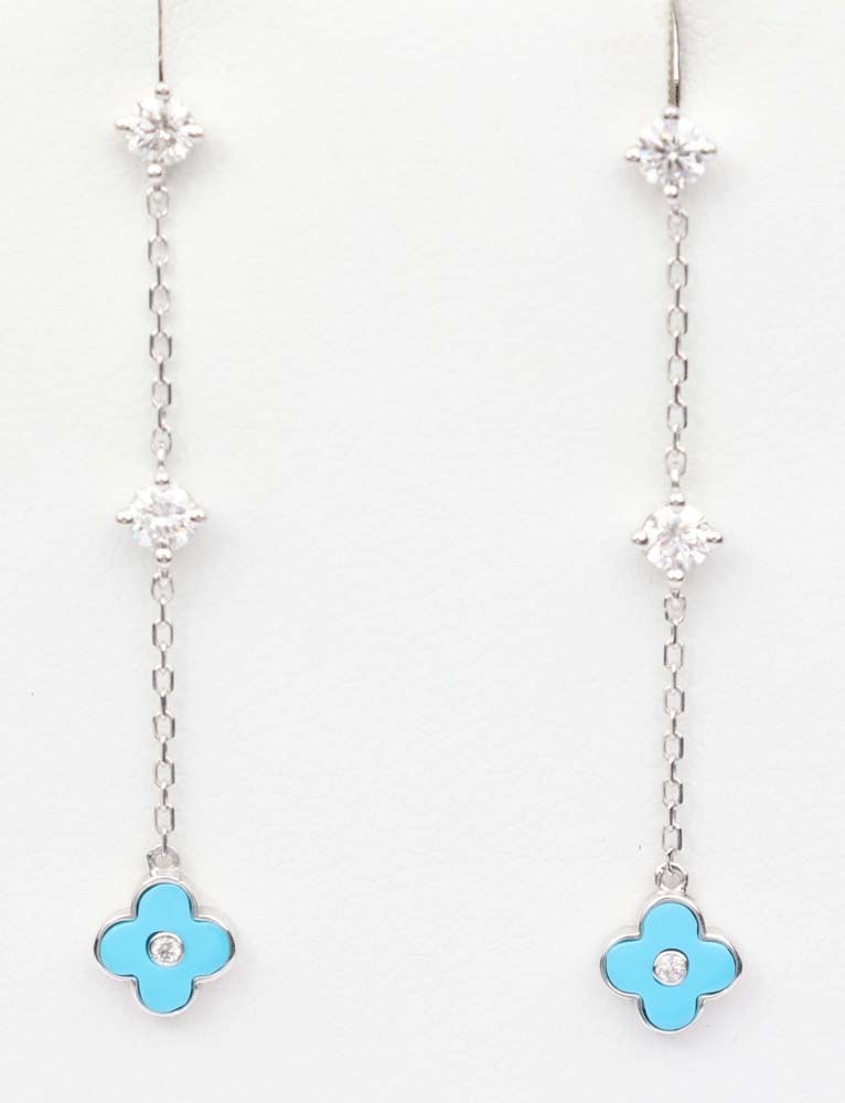 14K WHITE GOLD TURQUOISE & DIAMOND DANGLE EARRINGS: 14K White gold Turquoise and Diamond earrings. Gemstones: Diamond and Turquoise 6 round diamonds .38ct. I Color-Vs Clarity clover leaf turquoise 2 pcs. Size 1" drop Weight: 1.6 grams plus gem weight.