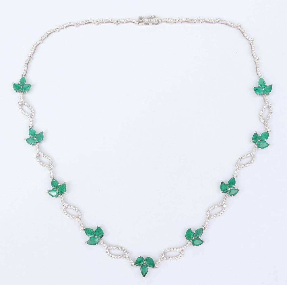 14K WHITE GOLD DIAMOND & EMERALD ETERNAL NECKLACE: 14K White Gold Emerald and Diamond Necklace. Exceptional Michael Christoff quality & design work. Gemstones: Diamond and Emerald 342 round diamonds 2.98 ct. G Color-VS SI Clarity 27 Brazilian