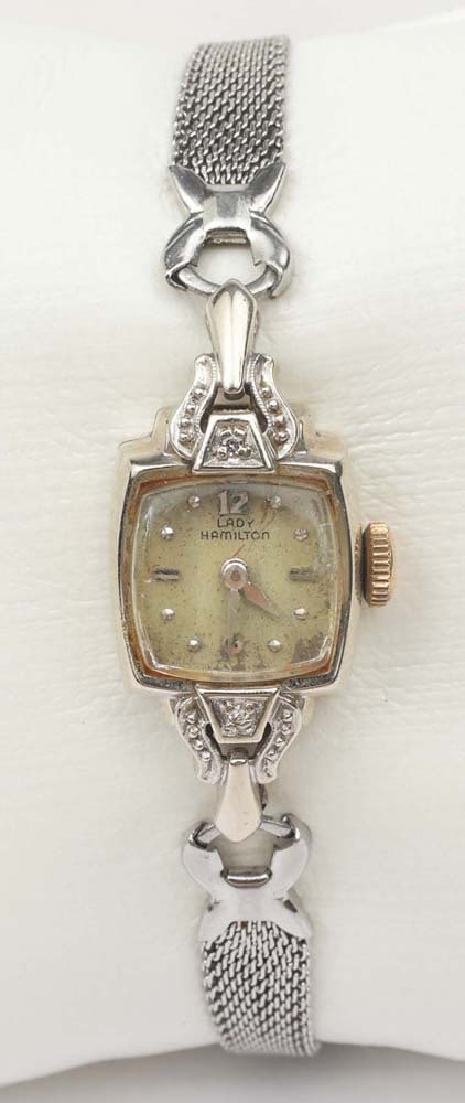 14K LADY HAMILTON WATCH: 14K Lady Hamilton Watch - not working Weight: 3 grams Must be paid by Certified Check, money order, or wire transfer ($15 fee). NO CREDIT OR PERSONAL CHECK PAYMENTS FOR THESE ITEMS. Condition: Very