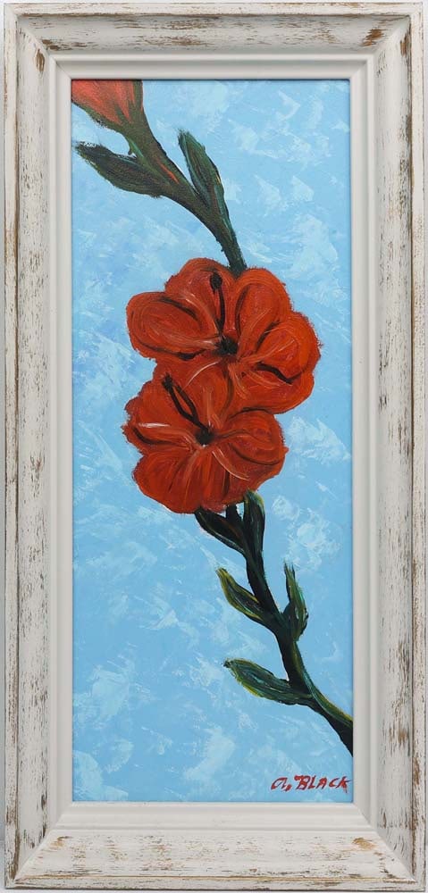 AL BLACK FLORIDA HIGHWAYMEN RED HIBISCUS: Black, Albert “Blood” (1947-2025) Florida Highwaymen Painting. Oil on Masonite - signed lower right. Executed in brushwork. Al Black’s hibiscus branch, punctuated by vivid red blosso