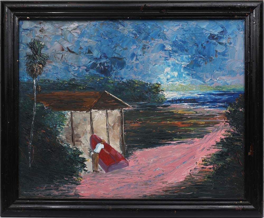 CHICO WHEELER FLORIDA HIGHWAYMEN BOATWORK: Wheeler, Charles “Chico” (1946-2019) Florida Highwaymen Painting. Oil on Masonite - signed lower left and verso. Executed in full palette knife. Chico Wheeler’s quiet riverside scene