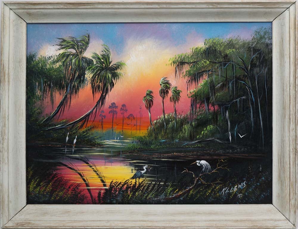 R.L. LEWIS FLORIDA HIGHWAYMEN BACKWOODS SUNSET: Lewis, R. L. “Robert” (1941-2026) Florida Highwaymen Painting. Oil on Canvas - signed lower right and verso. Price tag from Lewis's Gallery on verso. Executed in brushwork. Lewis’s F