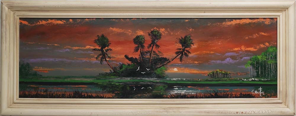 TODD MARTIN FLORIDA ARTIST FIRE SKY SPOIL ISLAND: Martin, Todd - Florida Legacy Artist Painting. Oil on Masonite - signed lower right. Executed in palette knife and brush. Todd Martin’s salmon-hued sky ignites above a Florida spoil island, its 