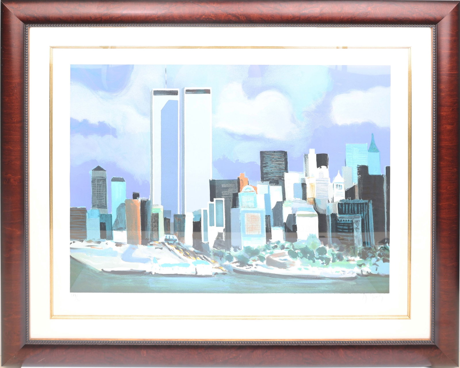 MARCEL MOULY WORLD TRADE CENTER LITHOGRAPH: Mouly, Marcel (1918-2008) Lithograph - hand signed and numbered 185/300 lower right. Marcel Mouly’s lithograph of the World Trade Center Battery Park channels his signature fusion of modernist struc