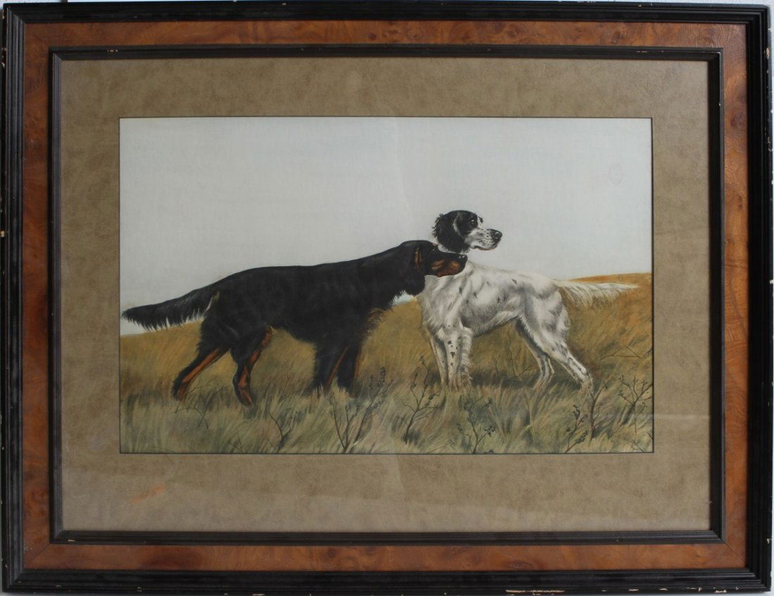 LEON DANCHIN ETCHING SETTERS ON POINT: LEON DANCHIN ETCHING SETTERS ON POINT Etching, two setters, by French artist Leon Danchin (French, 1887-1938), known primarily for sporting dogs. Small water mark the size of a dime approximately in i