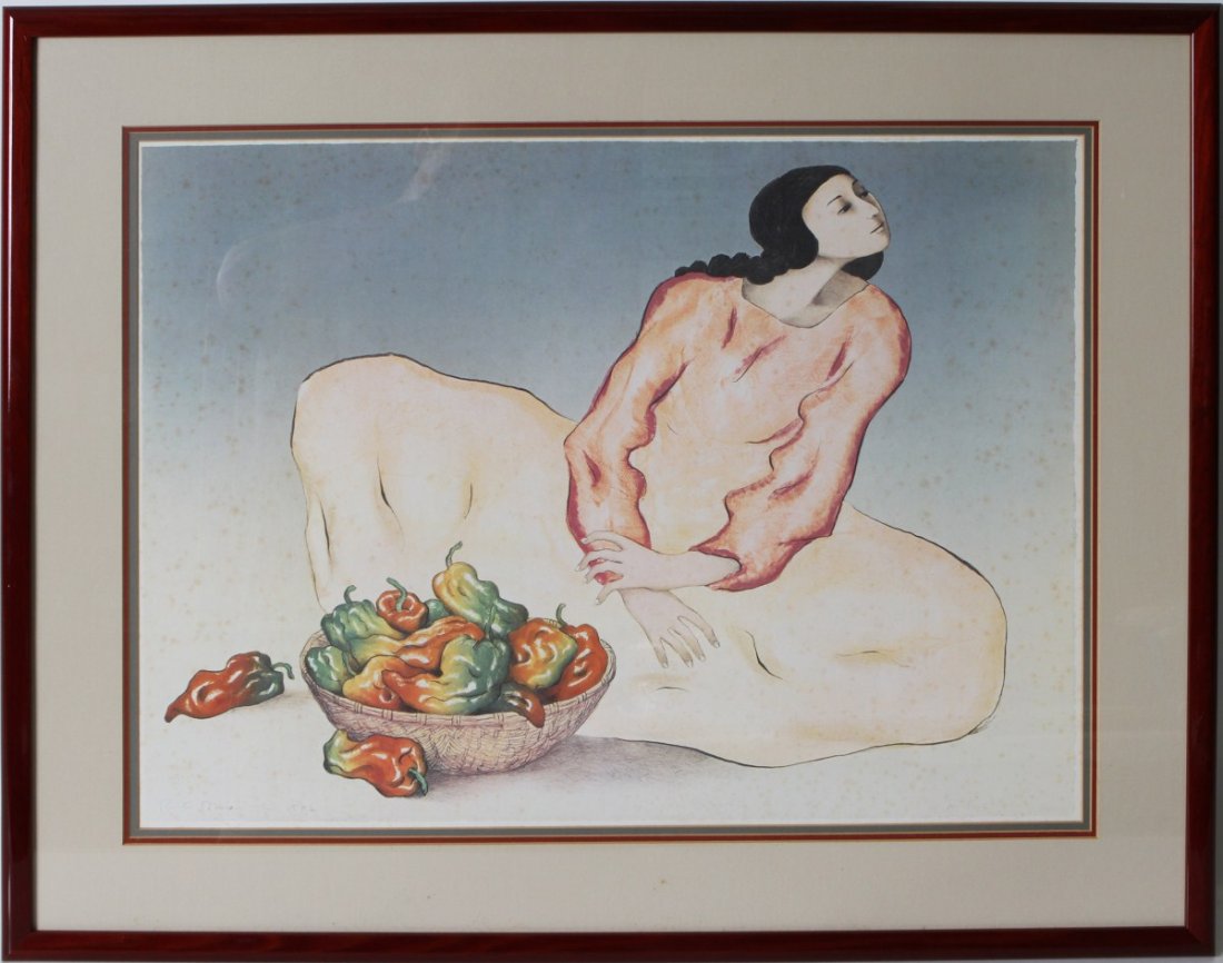 R. C. GORMAN LITHOGRAPH LADY W/ PEPPERS: R. C. GORMAN LITHOGRAPH LADY W/ PEPPERS Framed lithograph by R C Gorman depicting a lady with a basket of peppers. Double matted under glass and set in burgundy frame. Signed lower left. Size: 26.5 x 