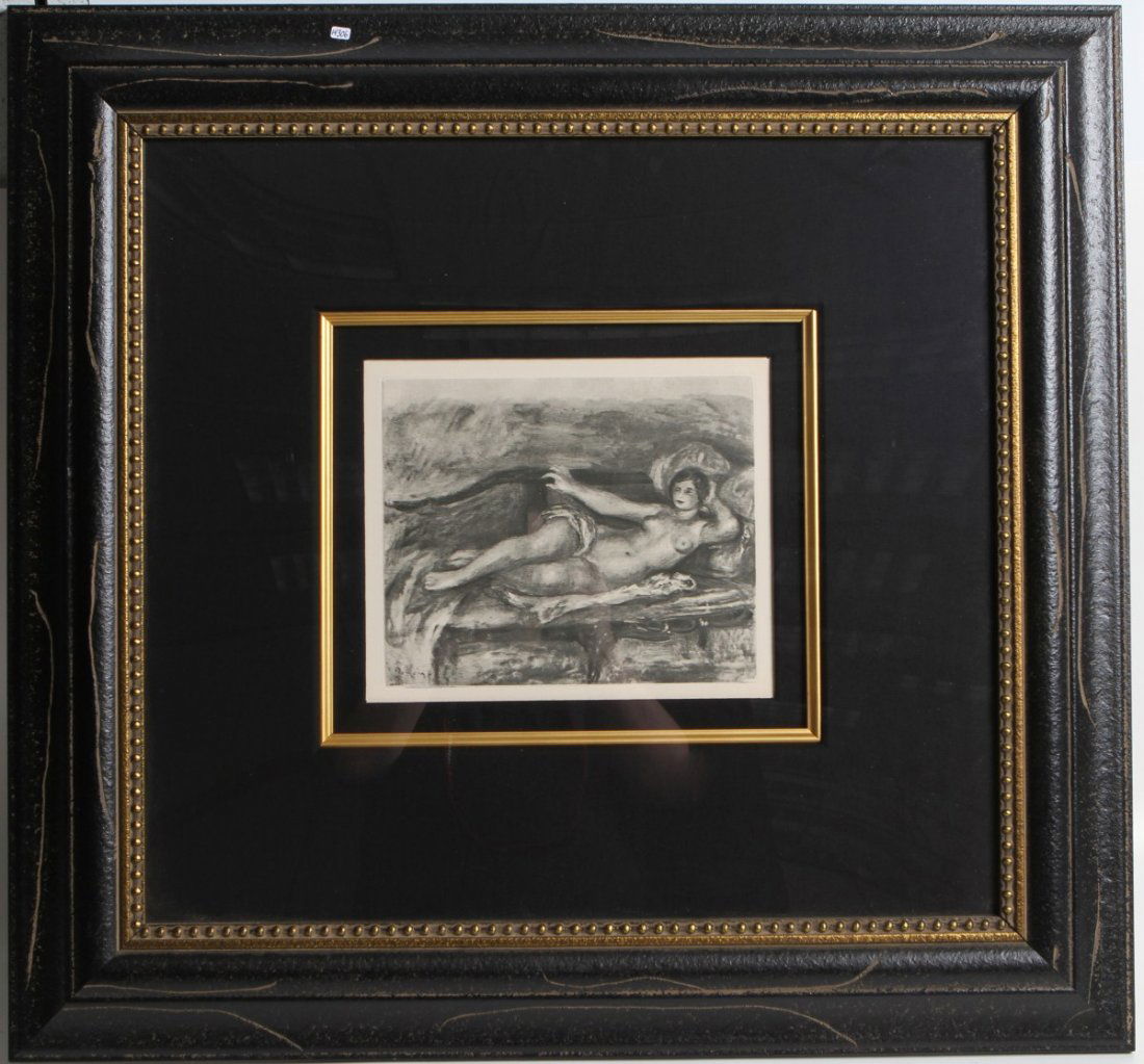LIMITED EDITION RENOIR PRINT OF "LE REPOS": LIMITED EDITION RENOIR PRINT OF "LE REPOS" Original Heliogravure, limited edition Renoir print of "Le Repos" in black and gold frame. Double mat under plexiglass with black canvas matting. Comes with