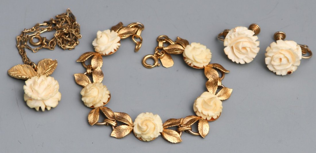 KAREN LYNNE CARVED CELLULOID FLORAL GF JEWELRY