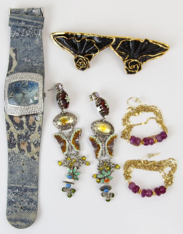 LADIES COSTUME JEWELRY LES GENS DE SUD: LADIES COSTUME JEWELRY LES GENS DE SUD Pair of silver tone earrings by Les Gens De Sud with butterfly enamel, 4.75". Newman collection stainless steel watch with rhinestone accents, Vera Pelle band. P