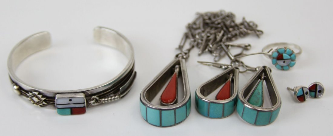 LADIES STERLING INLAID JEWELRY NAVAJO & TAOS: LADIES STERLING INLAID JEWELRY NAVAJO & TAOS Bracelet by Ray King, Navajo with matching ring and earrings; inlaid turquoise and coral designer set with necklace with pendant and matching earrings, mar