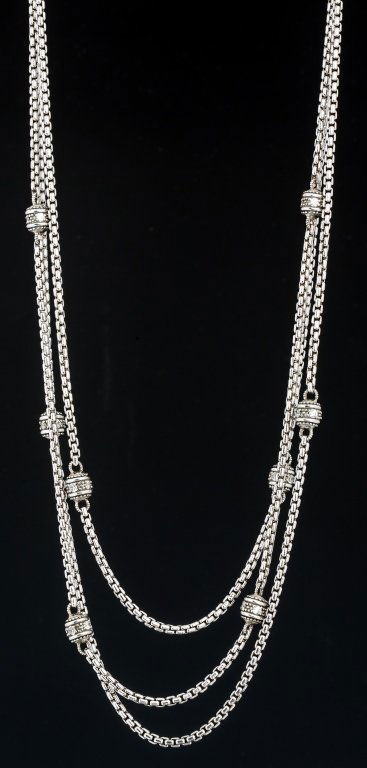 JUDITH RIPKA STERLING DIAMONIQUE 3 STRAND NECKLACE: JUDITH RIPKA STERLING DIAMONIQUE 3 STRAND NECKLACE Three strand 18in box chain produced in sterling silver by designer Judith Ripka. Necklace features eight sterling beads, each studded with four Diam